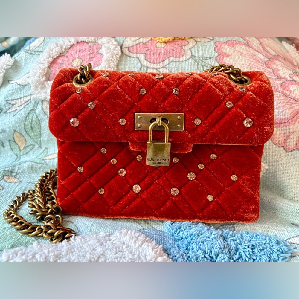 Kurt Geiger burnt orange Velvet Crossbody Bag with Gold Chain